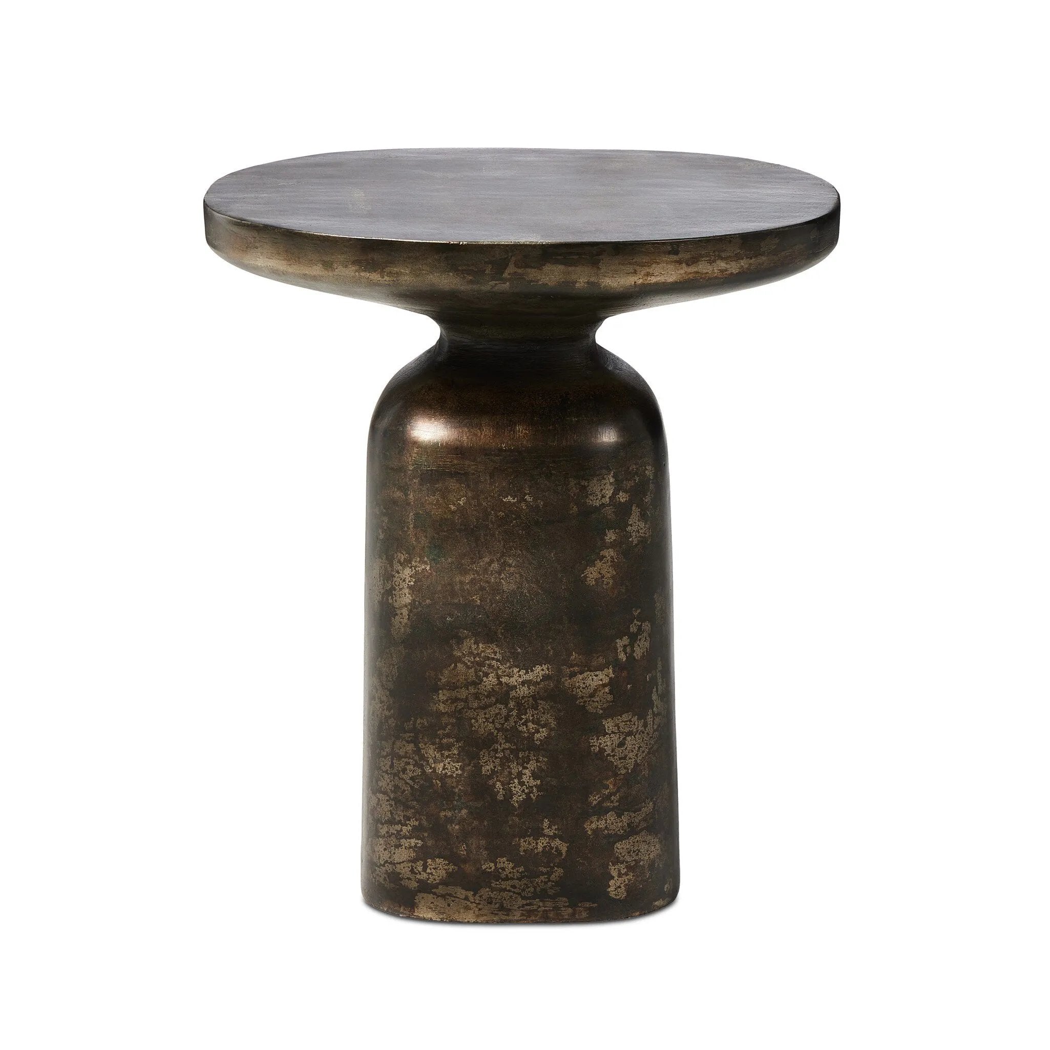 Forged from cast iron with a distressed bronze patina finish. A sturdy pedestal base and rounded square top create a functional, industrial-inspired piece.Collection: Marlo Amethyst Home provides interior design, new home construction design consulting, vintage area rugs, and lighting in the Winter Garden metro area.