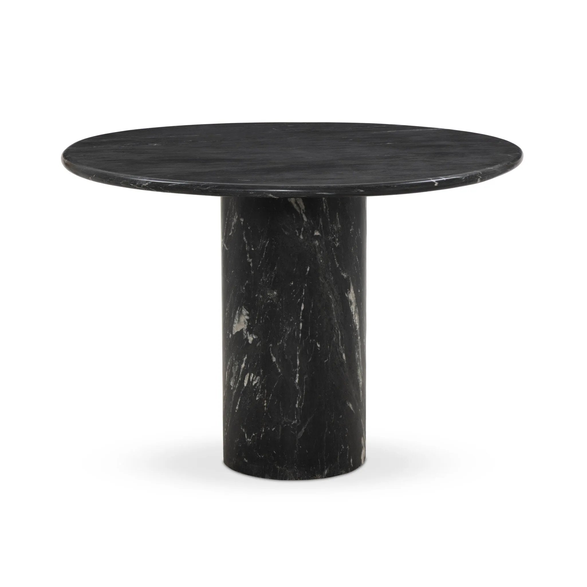 A material-driven piece inspired by post-modernism. A subtly organic round tabletop pairs with a swooped, sculptural pedestal base. Made from black marble for a striking, timeless look, with contrasting white veining playing up this piece's curves.As enthusiasts of luxe aesthetics at Amethyst, we love the designer inspired Oric Bistro Table. Amethyst Home provides interior design, new home construction design consulting, vintage area rugs, and lighting in the Park City metro area.