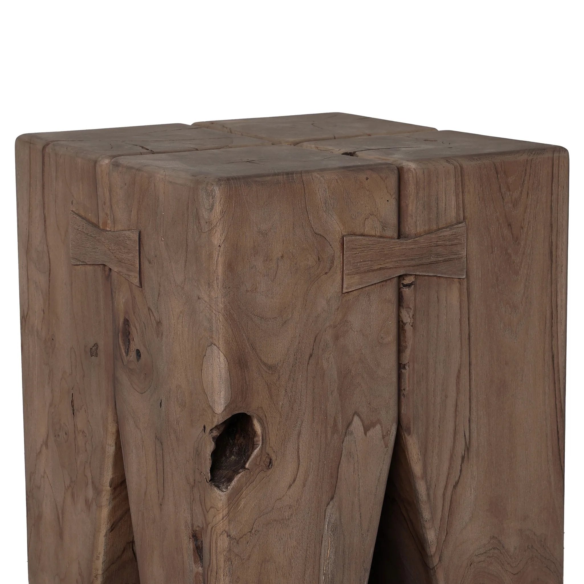 Boldly proportioned, four tiered pillar-style unite with butterfly joints to craft this outdoor end table of solid FSC®-certified teak. Simple design lets the material shine. Cover or store indoors when not in use or during inclement weather Amethyst Home provides interior design, new home construction design consulting, vintage area rugs, and lighting in the Laguna Beach metro area.