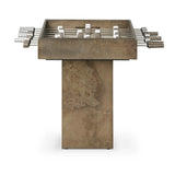 Inspired by Brutalist design, this outdoor foosball table is constructed of industrial oxidized aluminum panels, framing a travertine play surface atop a monolith plinth base that highlights the character of the finish. Two-toned players are cast in solid aluminum. Cover or store indoors during inclement weather and when not in use. Amethyst Home provides interior design, new home construction design consulting, vintage area rugs, and lighting in the Calabasas metro area.