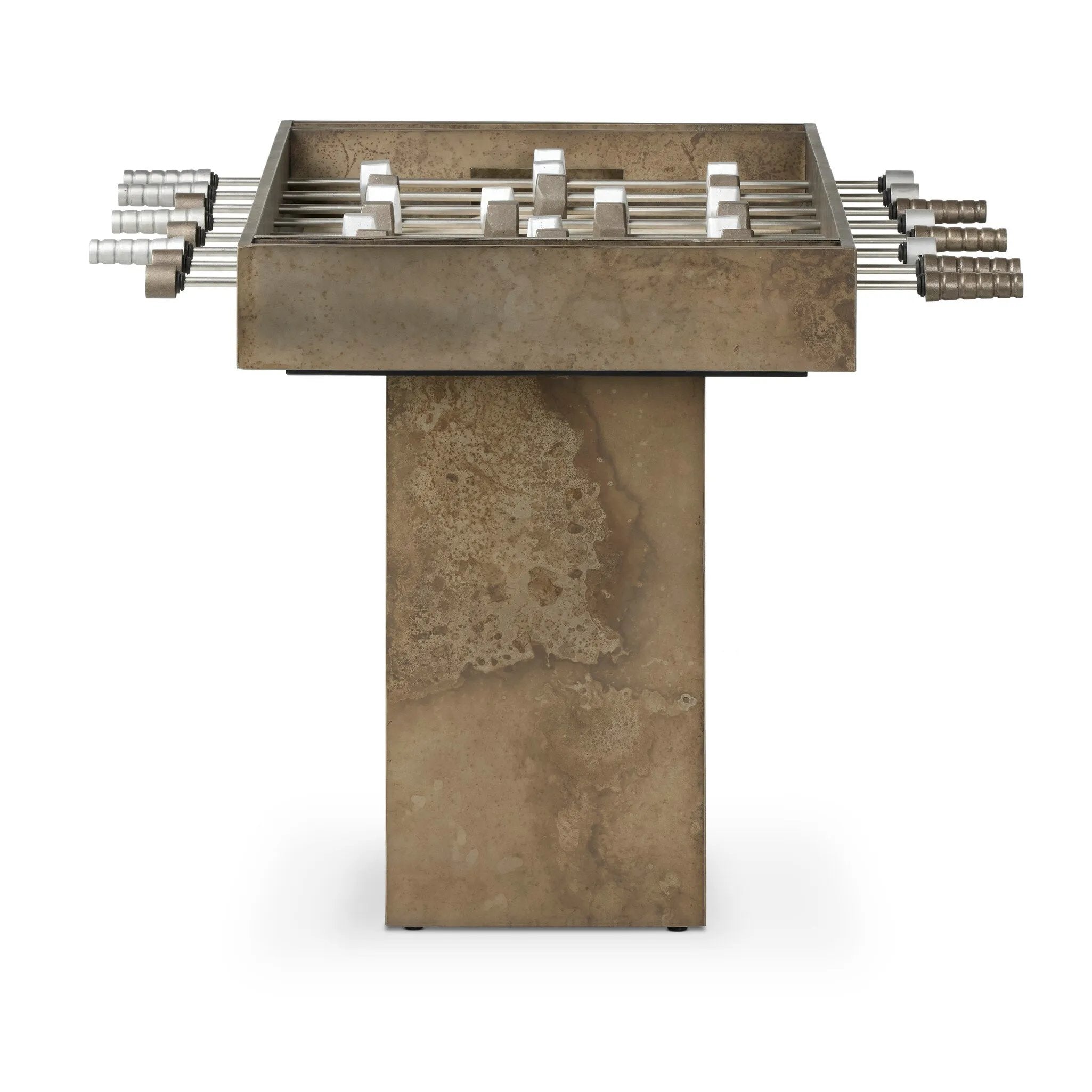 Inspired by Brutalist design, this outdoor foosball table is constructed of industrial oxidized aluminum panels, framing a travertine play surface atop a monolith plinth base that highlights the character of the finish. Two-toned players are cast in solid aluminum. Cover or store indoors during inclement weather and when not in use. Amethyst Home provides interior design, new home construction design consulting, vintage area rugs, and lighting in the Calabasas metro area.