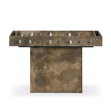 Inspired by Brutalist design, this outdoor foosball table is constructed of industrial oxidized aluminum panels, framing a travertine play surface atop a monolith plinth base that highlights the character of the finish. Two-toned players are cast in solid aluminum. Cover or store indoors during inclement weather and when not in use. Amethyst Home provides interior design, new home construction design consulting, vintage area rugs, and lighting in the Des Moines metro area.