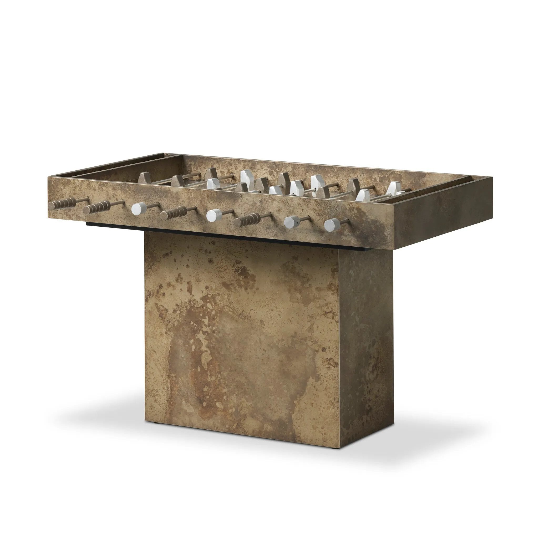 Inspired by Brutalist design, this outdoor foosball table is constructed of industrial oxidized aluminum panels, framing a travertine play surface atop a monolith plinth base that highlights the character of the finish. Two-toned players are cast in solid aluminum. Cover or store indoors during inclement weather and when not in use. Amethyst Home provides interior design, new home construction design consulting, vintage area rugs, and lighting in the Miami metro area.