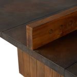Outdoor-friendly and made for play, this ping pong table is clad in slatted teak and paired with a warm, tonal rust aluminum metal top with lots of visual movement. The teak net is removable, easily turning game time into dinner time. Includes four wooden paddles. Cover or store indoors during inclement weather and when not in use. Amethyst Home provides interior design, new home construction design consulting, vintage area rugs, and lighting in the Houston metro area.