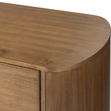 Seasoned brown acacia forms a pedestal base, bringing gentle curves to a classic dresser shape. Six drawers bring spacious storage to the bedroom Amethyst Home provides interior design, new home construction design consulting, vintage area rugs, and lighting in the Alpharetta metro area.