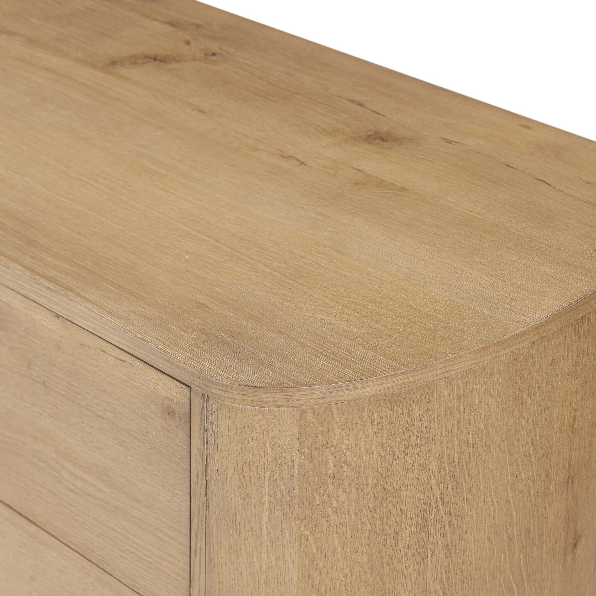 Light, worn oak forms a pedestal base, bringing gentle curves to a classic dresser shape. Six drawers bring spacious storage to the bedroom Amethyst Home provides interior design, new home construction design consulting, vintage area rugs, and lighting in the Miami metro area.