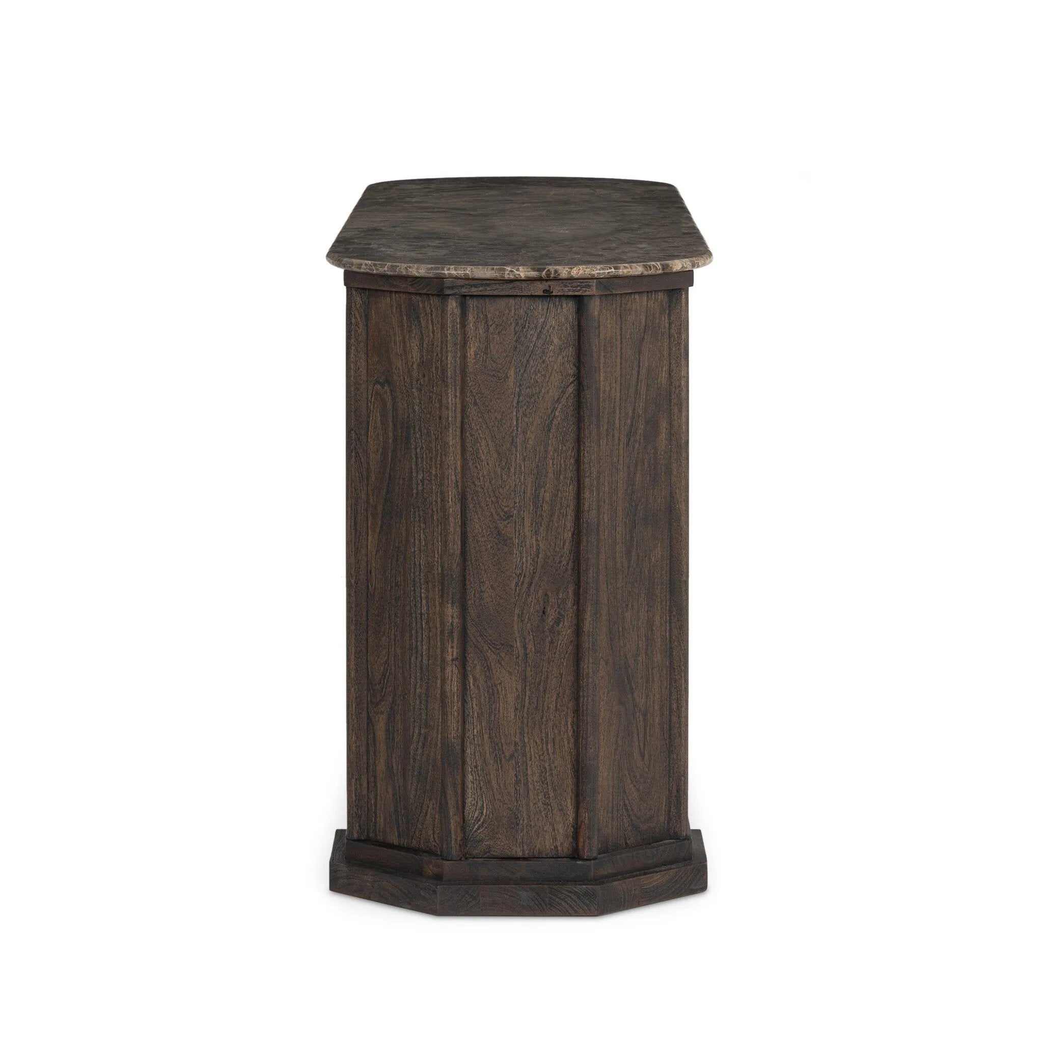 Mixed materials refresh the traditional sideboard, pairing a thick, wide base of dark brown acacia with brown marble rich with natural veining. Cylindrical details and a step base elevates the look. A spacious interior awaits storage of favorite serveware, table linens and more. Amethyst Home provides interior design, new home construction design consulting, vintage area rugs, and lighting in the Dallas metro area.