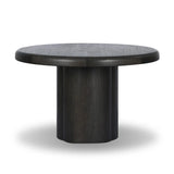 Make space for more guests with a rounded extension table of smoked black mindi, with beautiful visible graining. Inside the tabletop, a hidden mechanism allows for expansion from 48" to 68".As fans of organic modern design at Amethyst, we love the designer inspired Pemble Extension Dining Table - Smoked Black Mindi Veneer. Amethyst Home provides interior design, new home construction design consulting, vintage area rugs, and lighting in the Dallas metro area.