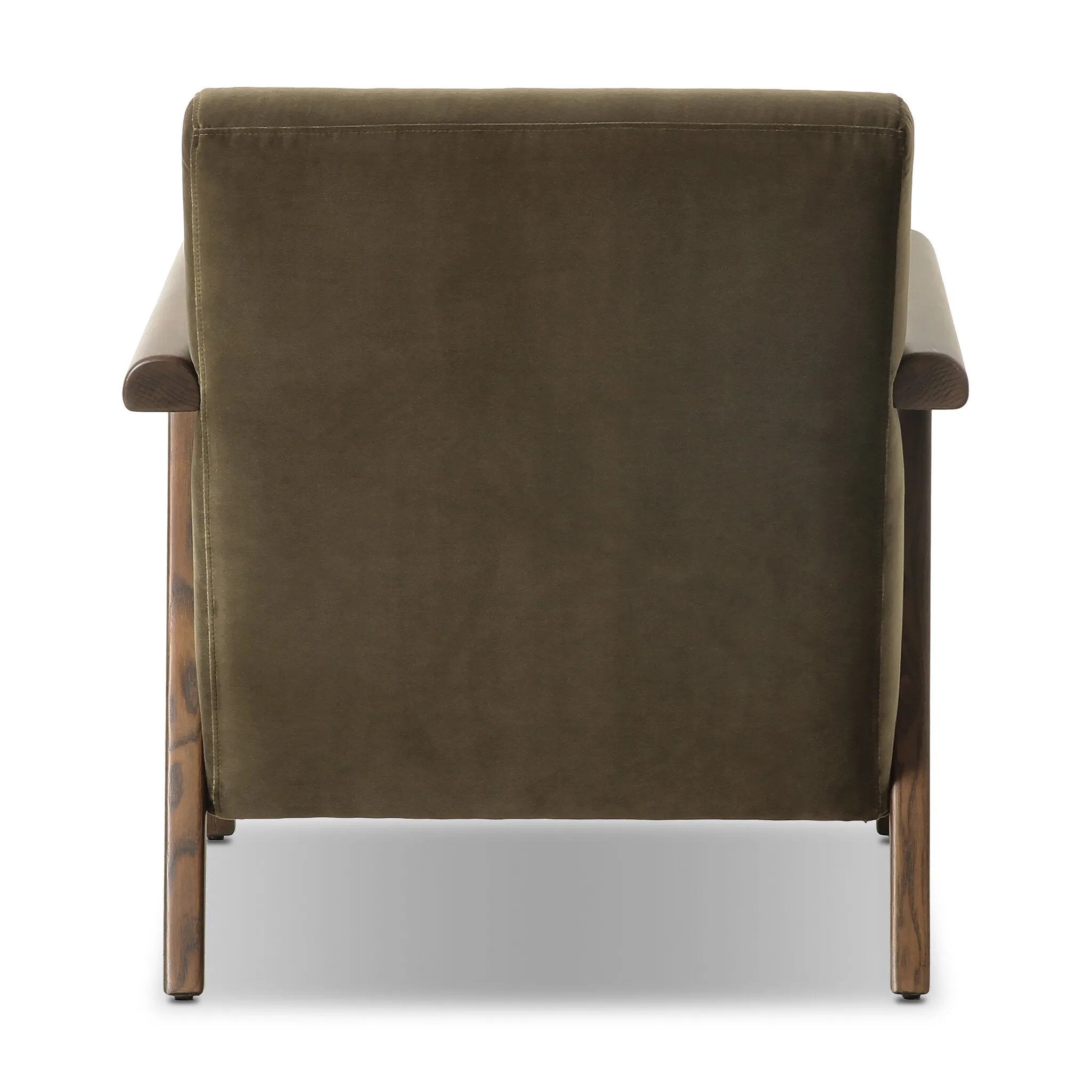 Contemporary outfitting of a vintage chair design offers easy comfort. Upholstered in velvety olive green, the wooden frame is finished in a vintage ash hue. Ideally placed as an accent chair or in pairs Amethyst Home provides interior design, new home construction design consulting, vintage area rugs, and lighting in the Winter Garden metro area.