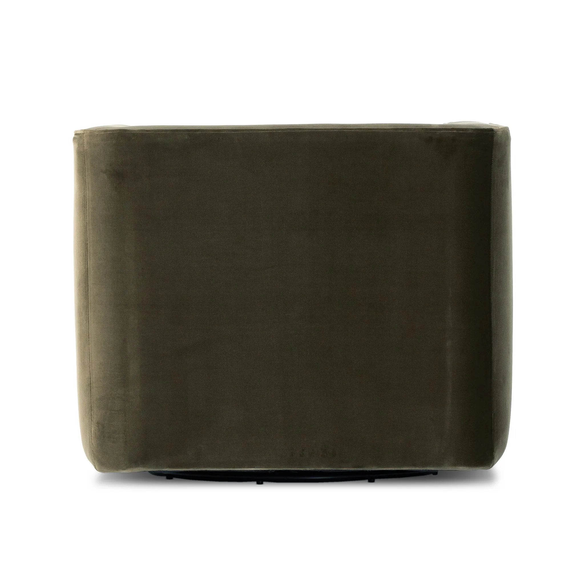 Featuring Phillip Surrey Olive Swivel Chair by Four Hands at Amethyst Home. Style meets substance in this olive cotton-blend swivel chair. Blind stitching along the seat and back cushions create a polished complement to the heritage frame. The slight pronounced seat cushion creates an illusion of being loose, but is actually a fixed cushion with expert tail. Amethyst Home provides interior design, new home construction design consulting, vintage area rugs, and lighting in the Nashville metro area.