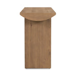 A shape-driven console table made from thick-cut oak veneer features overscale proportions and half-moon shaping, with a warm grey-brown finish Amethyst Home provides interior design, new home construction design consulting, vintage area rugs, and lighting in the Charlotte metro area.