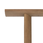 A shape-driven console table made from thick-cut oak veneer features overscale proportions and half-moon shaping, with a warm grey-brown finish Amethyst Home provides interior design, new home construction design consulting, vintage area rugs, and lighting in the Laguna Beach metro area.