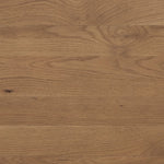 A shape-driven console table made from thick-cut oak veneer features overscale proportions and half-moon shaping, with a warm grey-brown finish Amethyst Home provides interior design, new home construction design consulting, vintage area rugs, and lighting in the Omaha metro area.