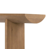 A shape-driven console table made from thick-cut oak veneer features overscale proportions and half-moon shaping, with a warm grey-brown finish Amethyst Home provides interior design, new home construction design consulting, vintage area rugs, and lighting in the Portland metro area.