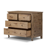 A classic chest stores in everlasting style. Crafted with heavy weathered oak with natural cracks and graining, the front has beading around the drawers for an heirloom appeal. It's finished in a tonal brown, with turned wood hardware Amethyst Home provides interior design, new home construction design consulting, vintage area rugs, and lighting in the San Diego metro area.