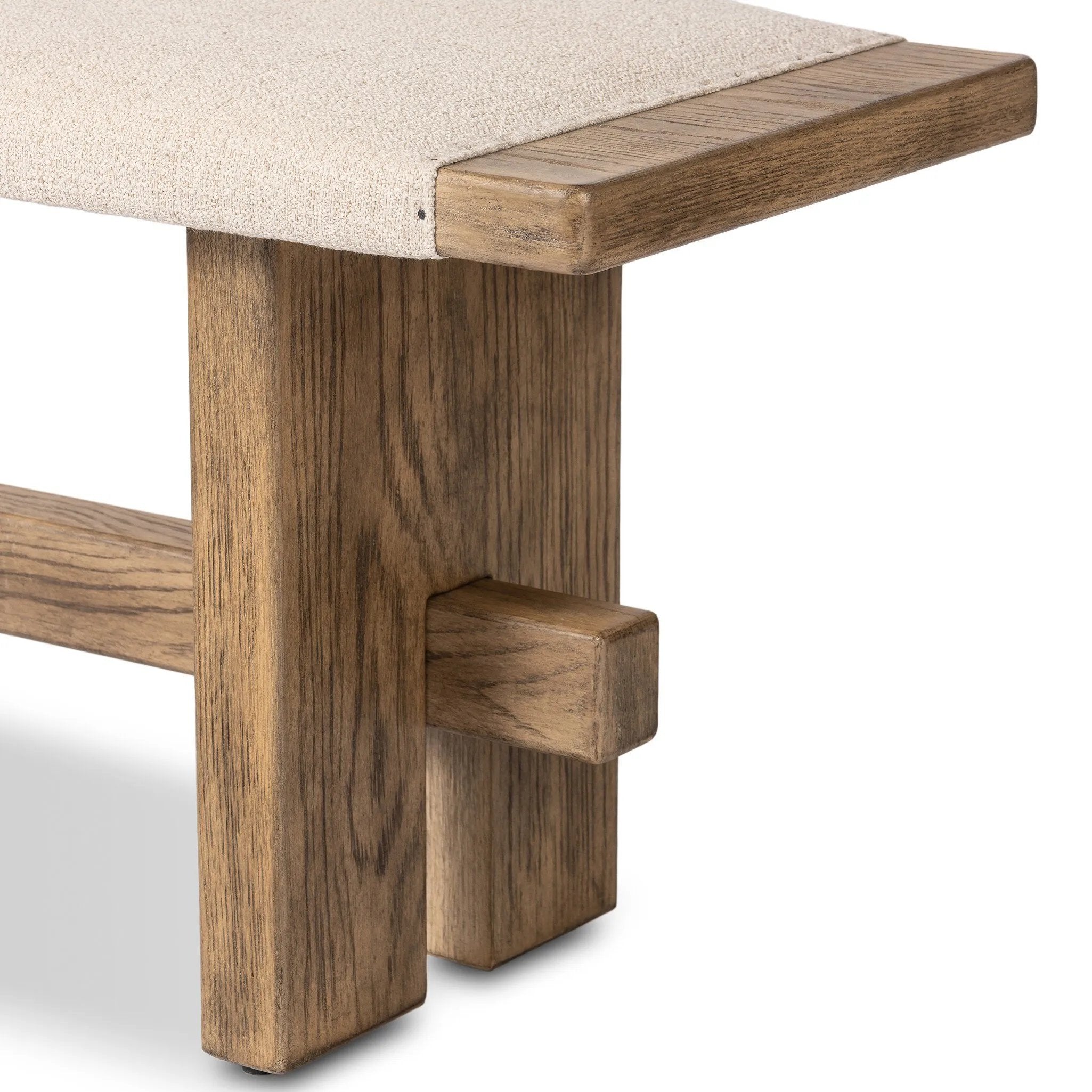 A heritage-inspired bench pairs light, distressed oak with high-performance fabric, bringing extra seating to any room. A pull-through stretcher adds a design-forward touch. Performance fabrics are specially created to withstand spills, stains, high traffic and wear, ensuring long-term comfort and unmatched durability Amethyst Home provides interior design, new home construction design consulting, vintage area rugs, and lighting in the Austin metro area.