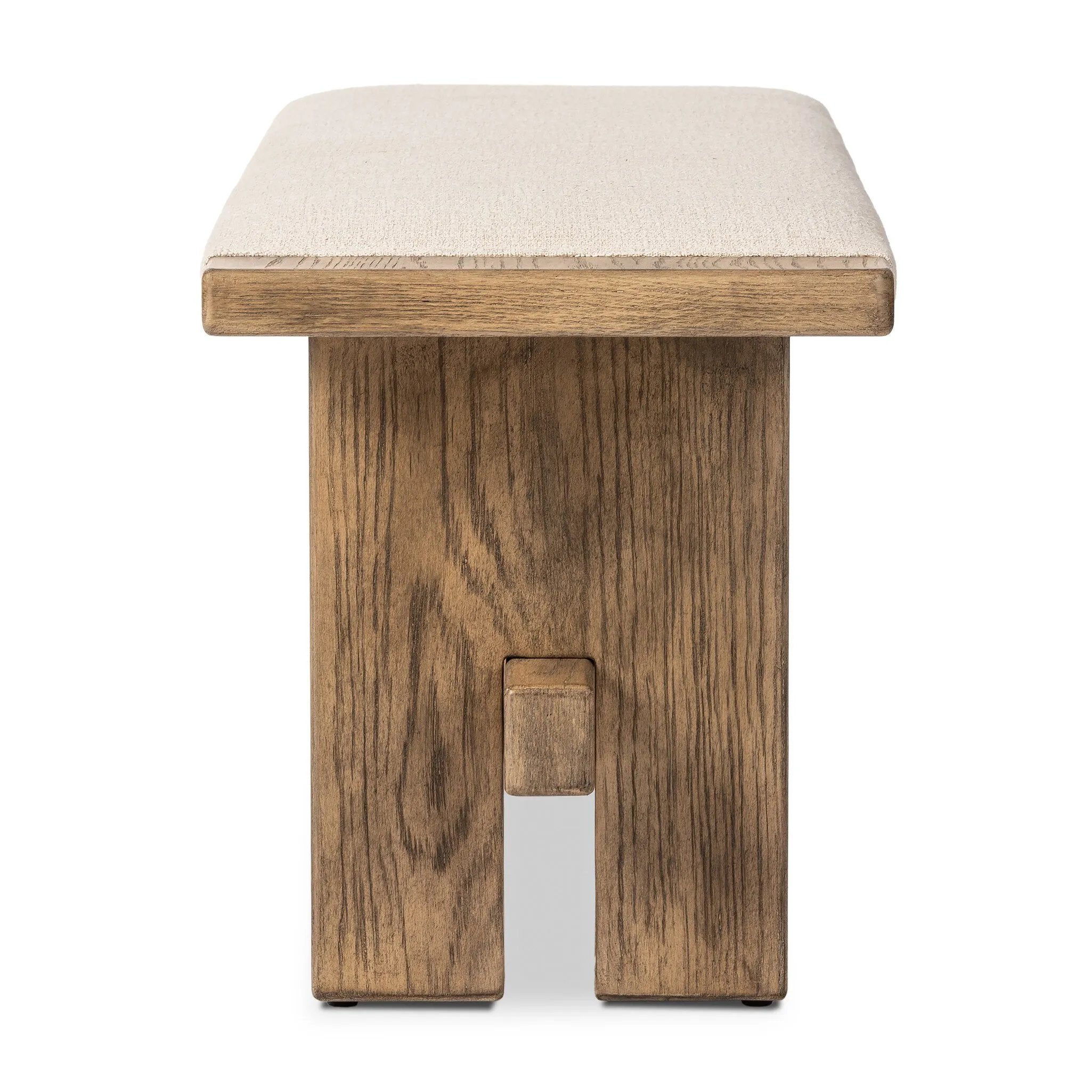 A heritage-inspired bench pairs light, distressed oak with high-performance fabric, bringing extra seating to any room. A pull-through stretcher adds a design-forward touch. Performance fabrics are specially created to withstand spills, stains, high traffic and wear, ensuring long-term comfort and unmatched durability Amethyst Home provides interior design, new home construction design consulting, vintage area rugs, and lighting in the Boston metro area.