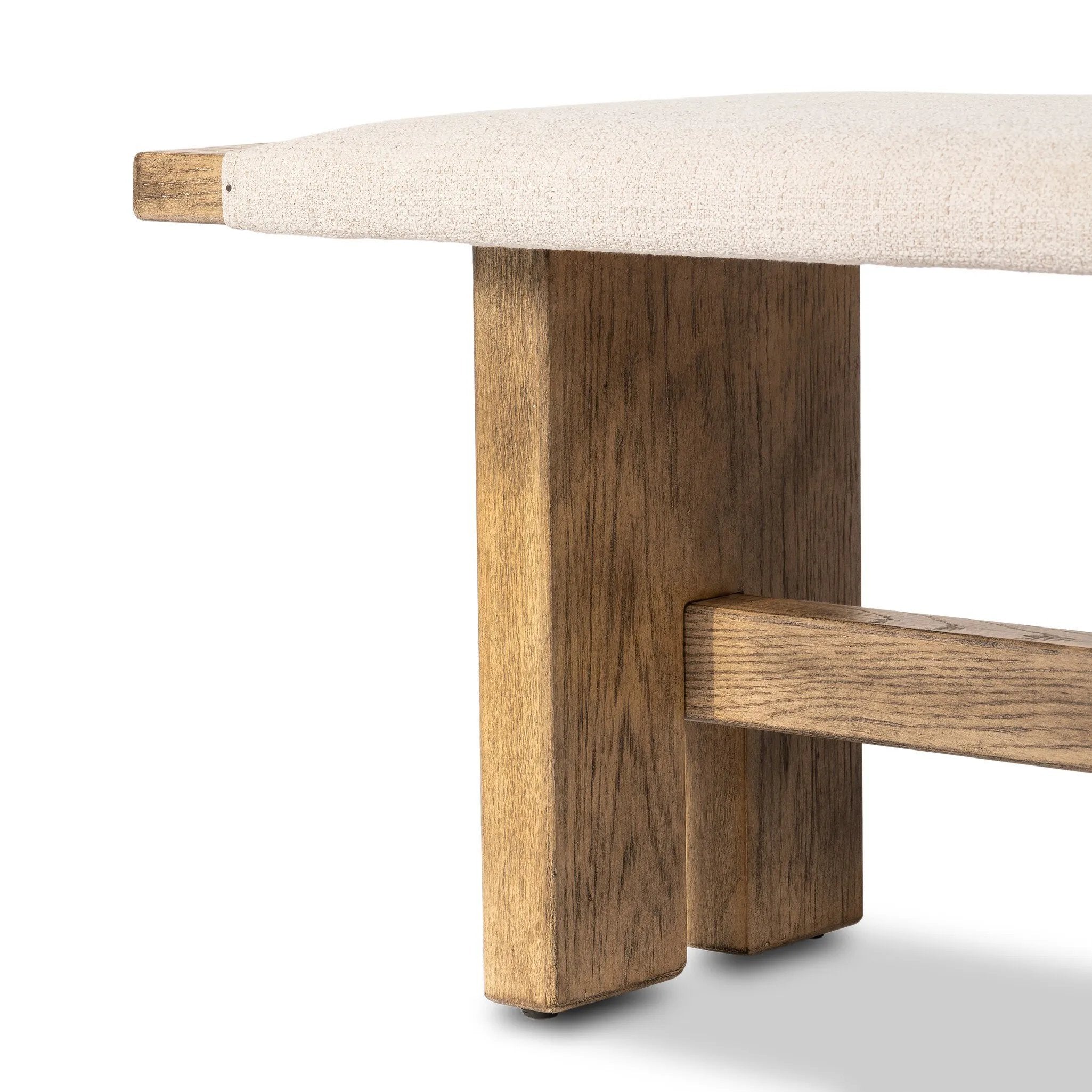 A heritage-inspired bench pairs light, distressed oak with high-performance fabric, bringing extra seating to any room. A pull-through stretcher adds a design-forward touch. Performance fabrics are specially created to withstand spills, stains, high traffic and wear, ensuring long-term comfort and unmatched durability Amethyst Home provides interior design, new home construction design consulting, vintage area rugs, and lighting in the Newport Beach metro area.