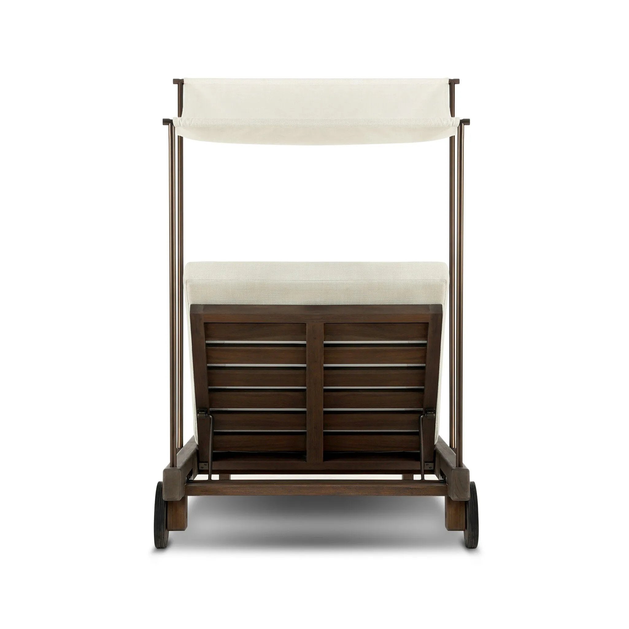 Drawing inspiration from antique rickshaws, this outdoor chaise features wheels and a built-in handle at the front for easy mobility. The adjustable and removable shade canopy offers customizable sun protection, with style. Cover or store inside during inclement weather and when not in use. Amethyst Home provides interior design, new home construction design consulting, vintage area rugs, and lighting in the Charlotte metro area.