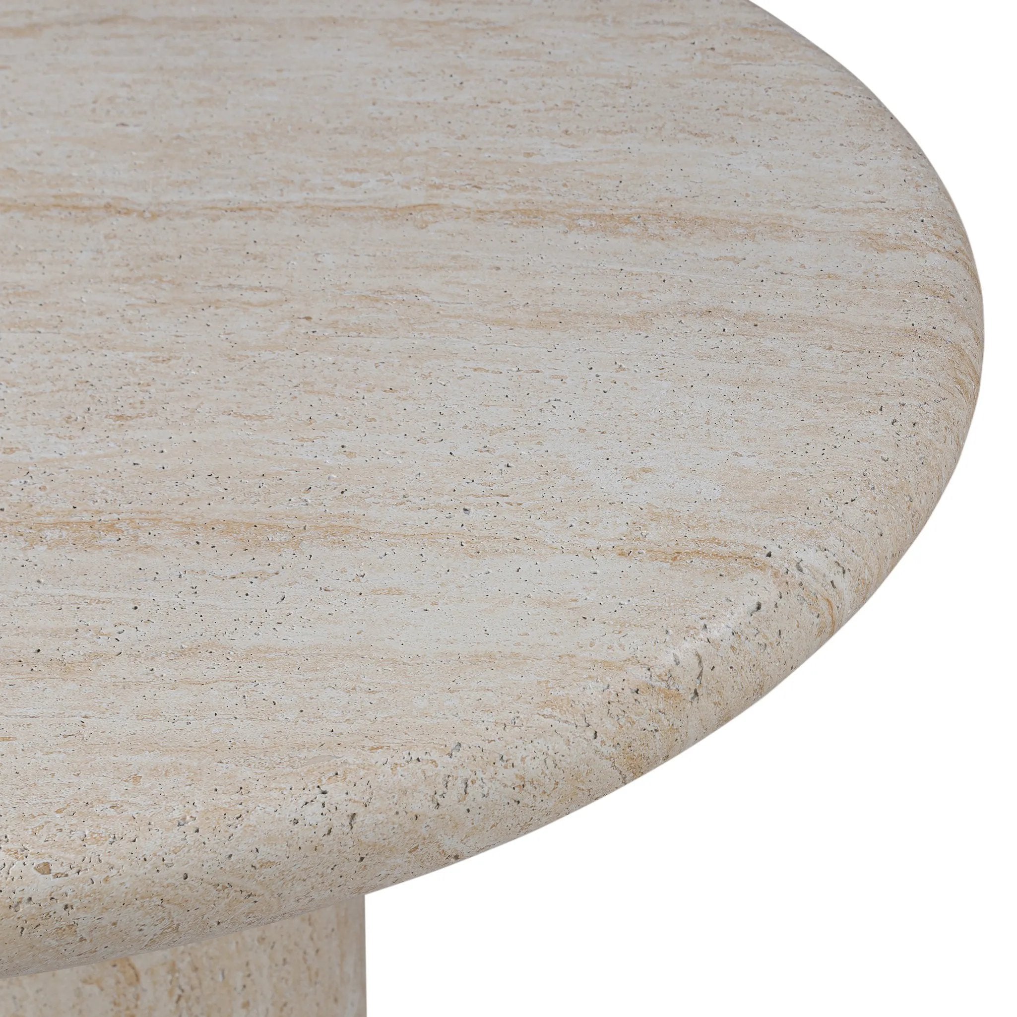 A simple pedestal shape lets the material do the talking on this outdoor dining table. Textured sand concrete resembles natural stone, with lots of natural texture and a beautiful, marble look. Cover or store indoors during inclement weather and when not in use Amethyst Home provides interior design, new home construction design consulting, vintage area rugs, and lighting in the Houston metro area.