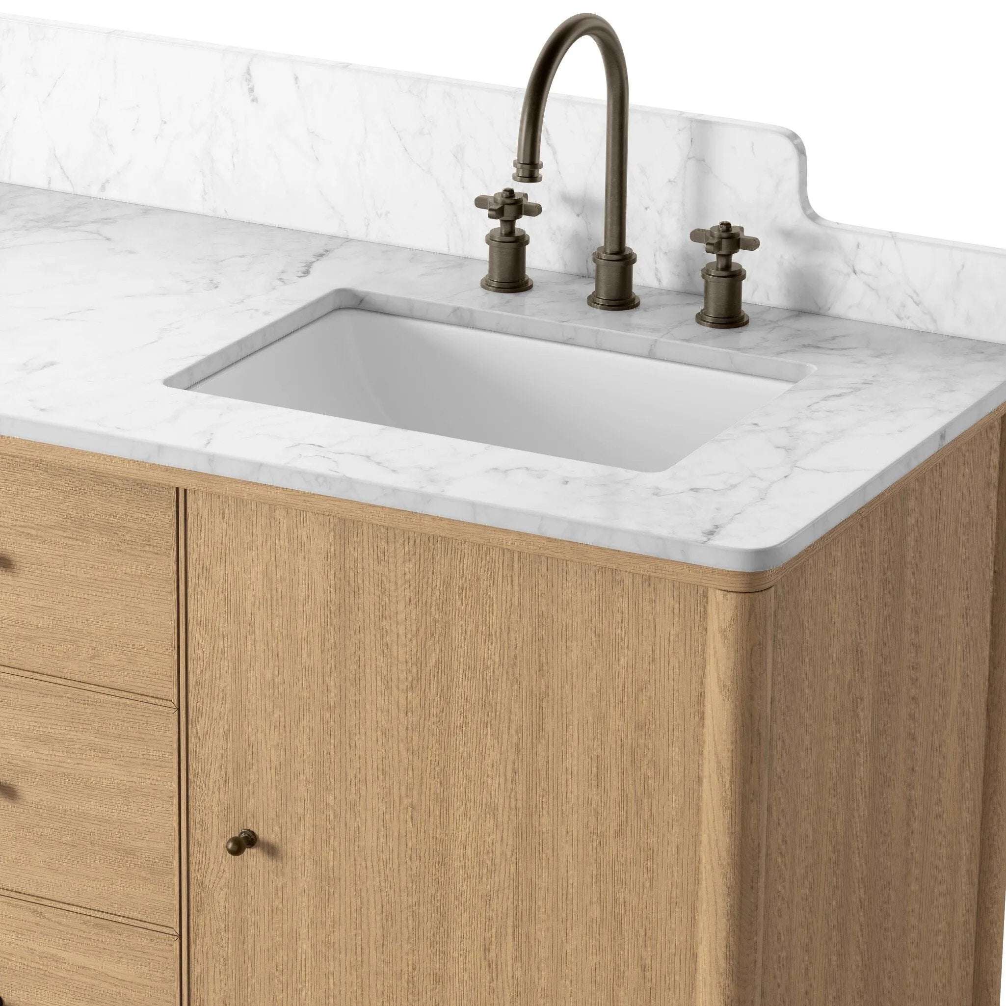 A simple transitional shape designed to function across styles. This bath vanity nods to heritage designs with the softly shaped backsplash, dowel legs, rounded corners and arch frame detail, finished with mixed hardware for added visual interest. Finished with a bath-safe sealant for moisture resistance. Amethyst Home provides interior design, new home construction design consulting, vintage area rugs, and lighting in the Charlotte metro area.