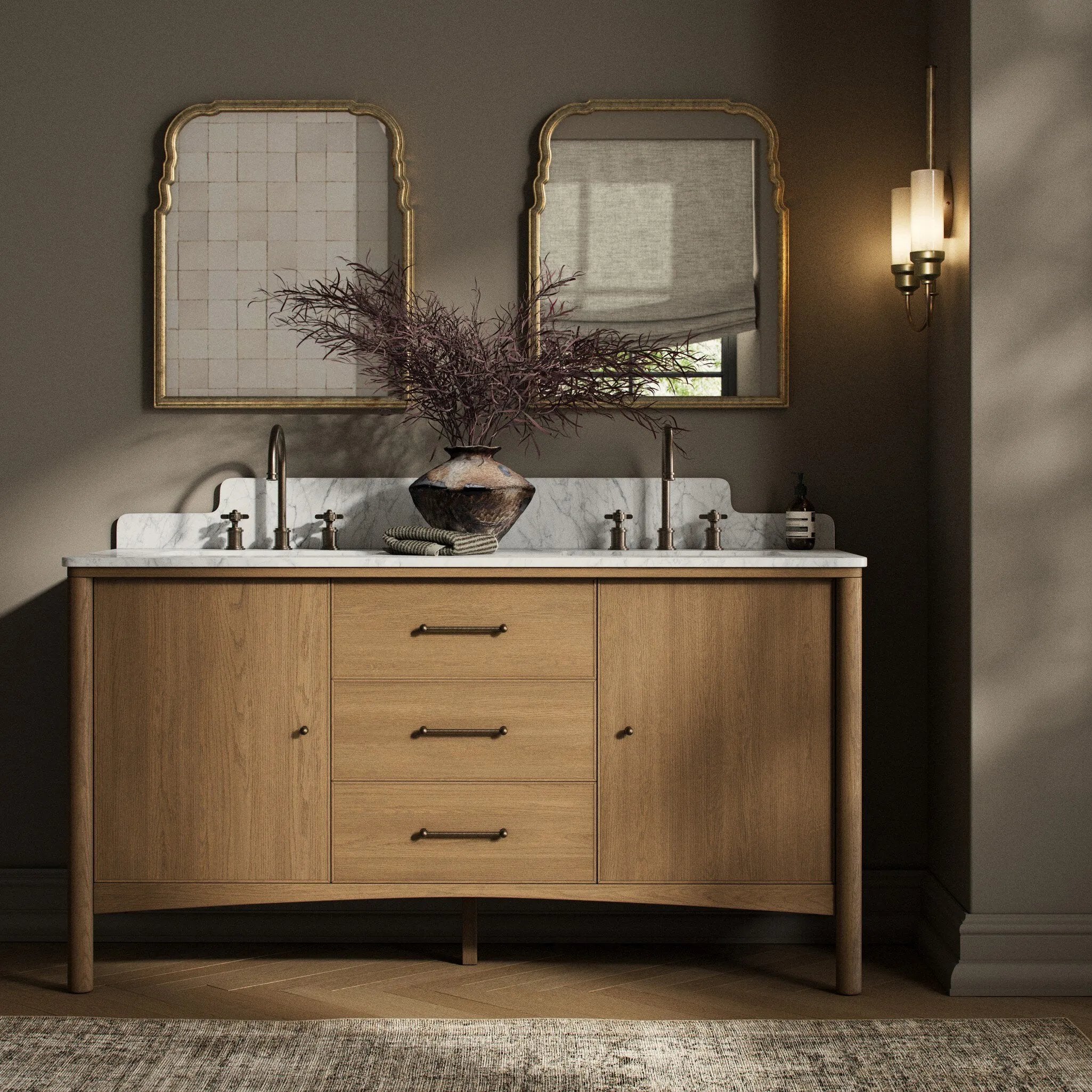 A simple transitional shape designed to function across styles. This bath vanity nods to heritage designs with the softly shaped backsplash, dowel legs, rounded corners and arch frame detail, finished with mixed hardware for added visual interest. Finished with a bath-safe sealant for moisture resistance. Amethyst Home provides interior design, new home construction design consulting, vintage area rugs, and lighting in the Park City metro area.