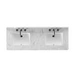 A simple transitional shape designed to function across styles. This bath vanity nods to heritage designs with the softly shaped backsplash, dowel legs, rounded corners and arch frame detail, finished with mixed hardware for added visual interest. Finished with a bath-safe sealant for moisture resistance. Amethyst Home provides interior design, new home construction design consulting, vintage area rugs, and lighting in the Dallas metro area.