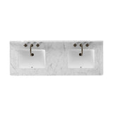 A simple transitional shape designed to function across styles. This bath vanity nods to heritage designs with the softly shaped backsplash, dowel legs, rounded corners and arch frame detail, finished with mixed hardware for added visual interest. Finished with a bath-safe sealant for moisture resistance. Amethyst Home provides interior design, new home construction design consulting, vintage area rugs, and lighting in the Dallas metro area.