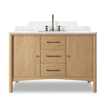 A simple transitional shape designed to function across styles. This bath vanity nods to heritage designs with the softly shaped backsplash, dowel legs, rounded corners and arch frame detail, finished with mixed hardware for added visual interest. Finished with a bath-safe sealant for moisture resistance. Amethyst Home provides interior design, new home construction design consulting, vintage area rugs, and lighting in the Park City metro area.