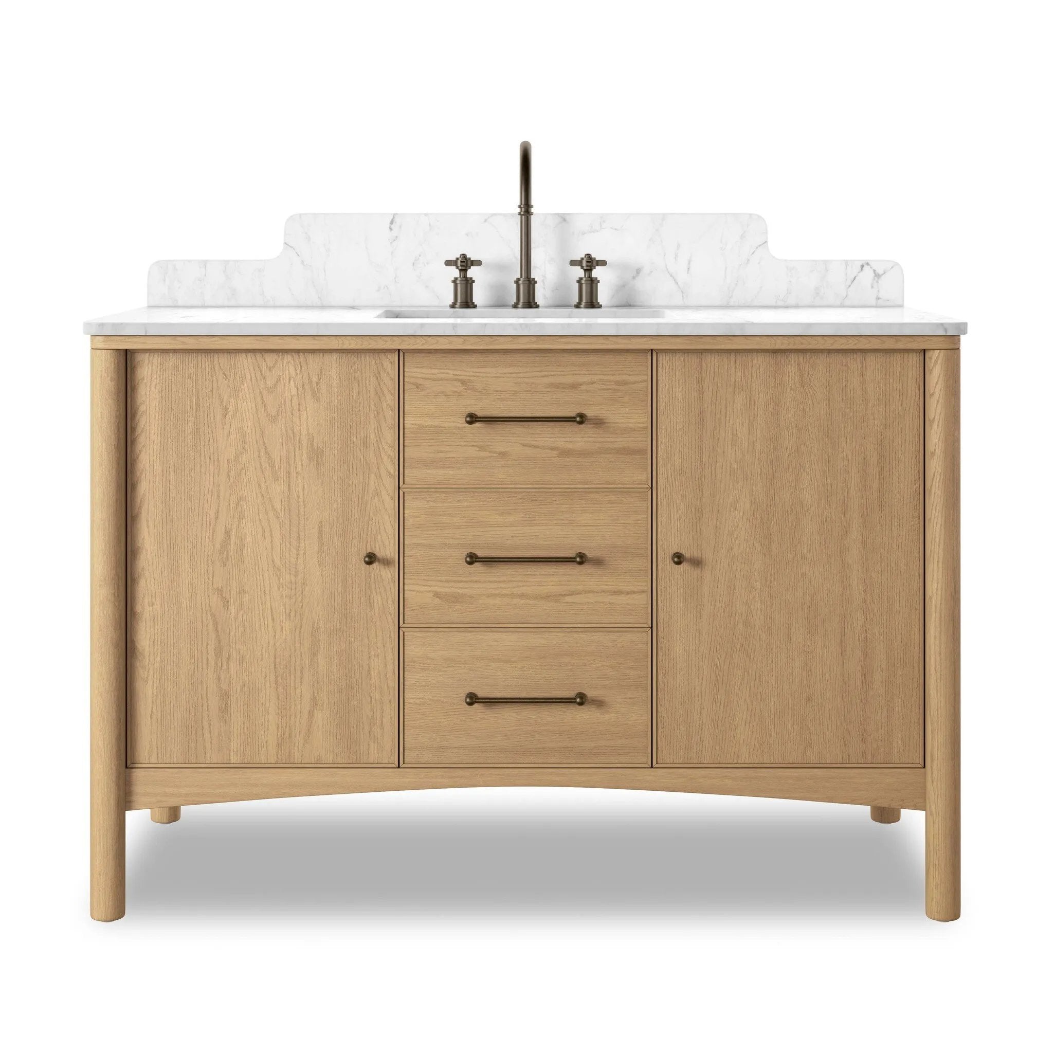 A simple transitional shape designed to function across styles. This bath vanity nods to heritage designs with the softly shaped backsplash, dowel legs, rounded corners and arch frame detail, finished with mixed hardware for added visual interest. Finished with a bath-safe sealant for moisture resistance. Amethyst Home provides interior design, new home construction design consulting, vintage area rugs, and lighting in the Park City metro area.