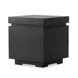 This outdoor propane tank enclosure pairs with fire tables for a clean, seamless look. Made from glass-reinforced concrete, each piece is naturally finished with deep tones of charcoal. It can act as an end table with its lid on, and has cutouts at the base for hose attachments. Cover or store indoors during inclement weather and when not in use. Amethyst Home provides interior design, new home construction design consulting, vintage area rugs, and lighting in the Boston metro area.