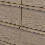 Rounded corners soften the straight-edged look of this 10-drawer dresser, crafted from natural oak in a warm grey finish. Wide smooth-gliding drawers are fully finished on the inside Amethyst Home provides interior design, new home construction design consulting, vintage area rugs, and lighting in the Newport Beach metro area.