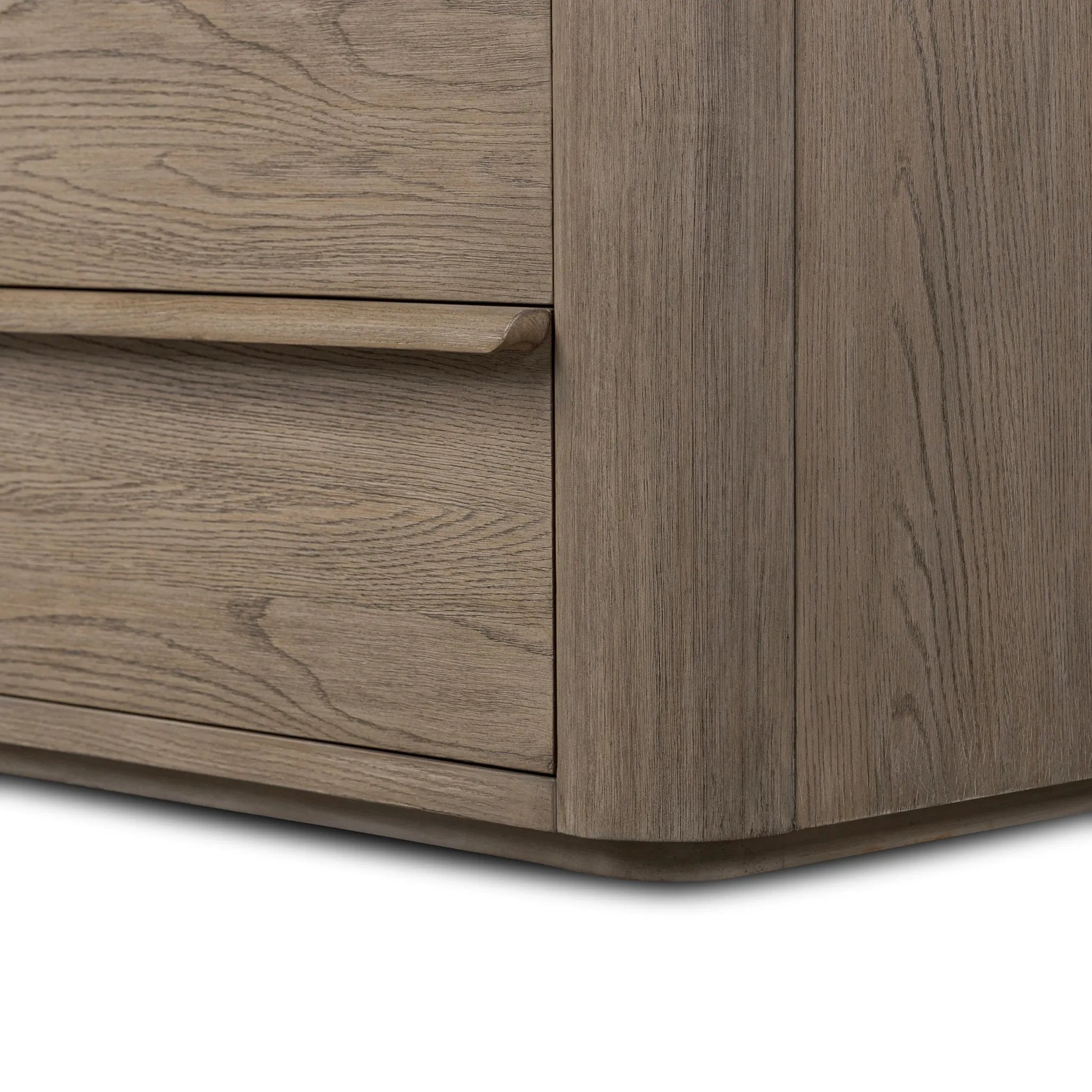 Rounded corners soften the straight-edged look of this 10-drawer dresser, crafted from natural oak in a warm grey finish. Wide smooth-gliding drawers are fully finished on the inside Amethyst Home provides interior design, new home construction design consulting, vintage area rugs, and lighting in the Scottsdale metro area.
