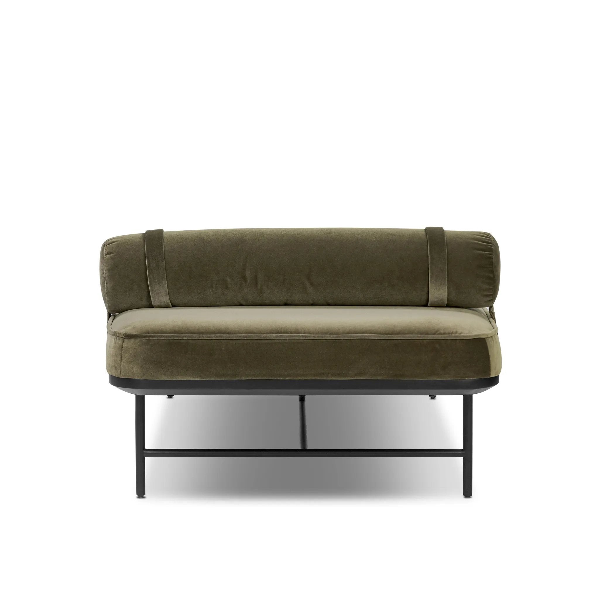 Elevate any room with a timeless chaise. Upholstered in a velvety cotton blend with a bench seat, angled apron and strap-secured bolster headrest. Slim steel legs keep this look light and airy Amethyst Home provides interior design, new home construction design consulting, vintage area rugs, and lighting in the Charlotte metro area.