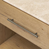 A smooth marble top adds refinement to this clean, vintage-inspired nightstand, made from worn oak with a plinth base and bronze hardware. The single top drawer and open cubby provide ample storage Amethyst Home provides interior design, new home construction design consulting, vintage area rugs, and lighting in the Alpharetta metro area.