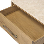 A smooth marble top adds refinement to this clean, vintage-inspired nightstand, made from worn oak with a plinth base and bronze hardware. The single top drawer and open cubby provide ample storage Amethyst Home provides interior design, new home construction design consulting, vintage area rugs, and lighting in the Kansas City metro area.