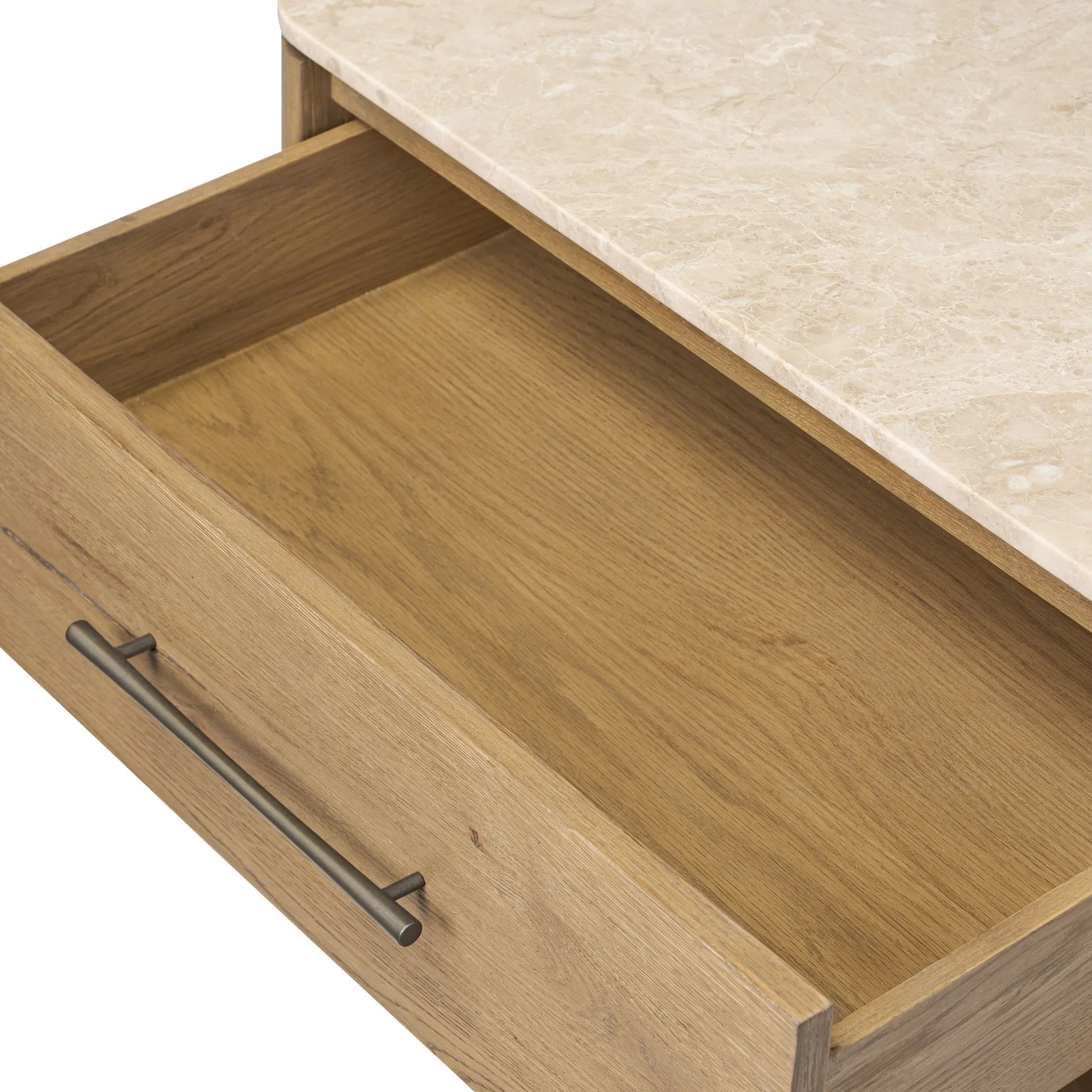 A smooth marble top adds refinement to this clean, vintage-inspired nightstand, made from worn oak with a plinth base and bronze hardware. The single top drawer and open cubby provide ample storage Amethyst Home provides interior design, new home construction design consulting, vintage area rugs, and lighting in the Kansas City metro area.