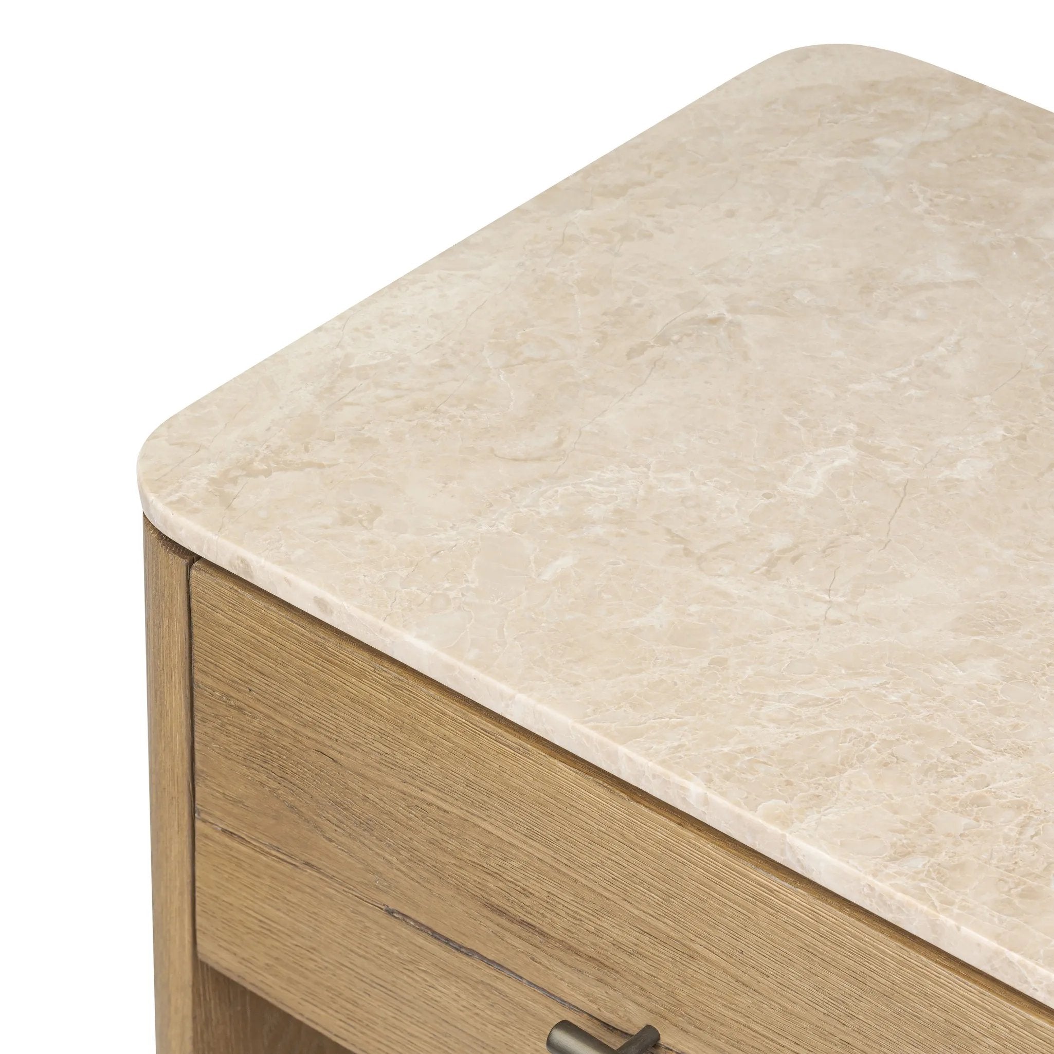 A smooth marble top adds refinement to this clean, vintage-inspired nightstand, made from worn oak with a plinth base and bronze hardware. The single top drawer and open cubby provide ample storage Amethyst Home provides interior design, new home construction design consulting, vintage area rugs, and lighting in the Salt Lake City metro area.
