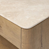 A smooth marble top adds refinement to this clean, vintage-inspired nightstand, made from worn oak with a plinth base and bronze hardware. The single top drawer and open cubby provide ample storage Amethyst Home provides interior design, new home construction design consulting, vintage area rugs, and lighting in the Scottsdale metro area.