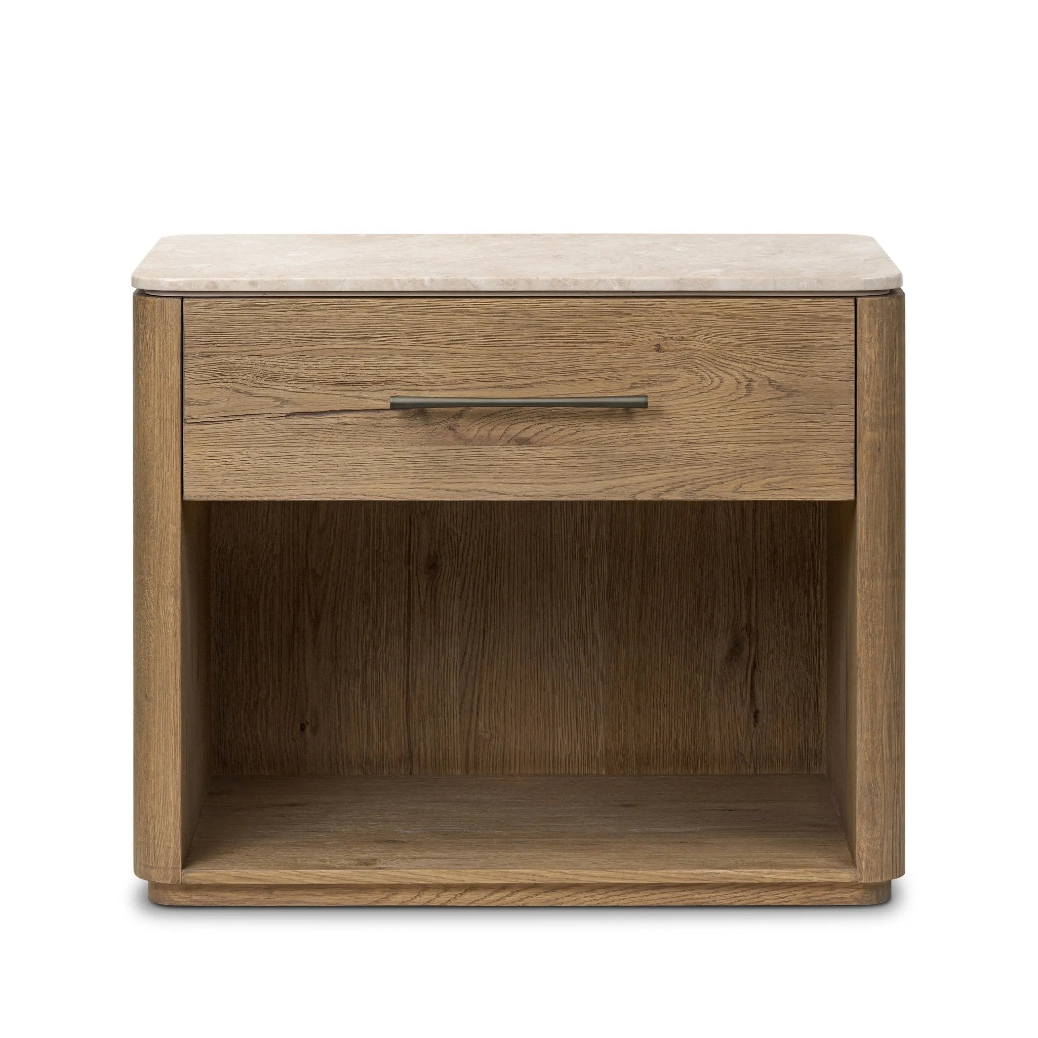 A smooth marble top adds refinement to this clean, vintage-inspired nightstand, made from worn oak with a plinth base and bronze hardware. The single top drawer and open cubby provide ample storage Amethyst Home provides interior design, new home construction design consulting, vintage area rugs, and lighting in the Seattle metro area.