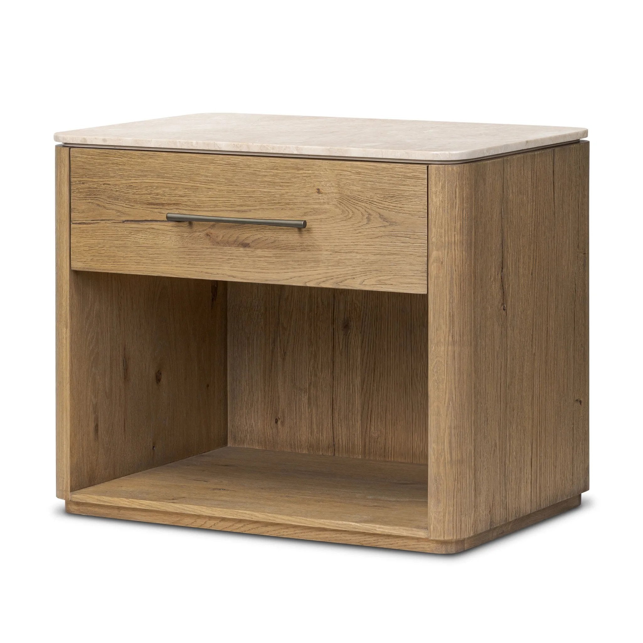 A smooth marble top adds refinement to this clean, vintage-inspired nightstand, made from worn oak with a plinth base and bronze hardware. The single top drawer and open cubby provide ample storage Amethyst Home provides interior design, new home construction design consulting, vintage area rugs, and lighting in the Winter Garden metro area.