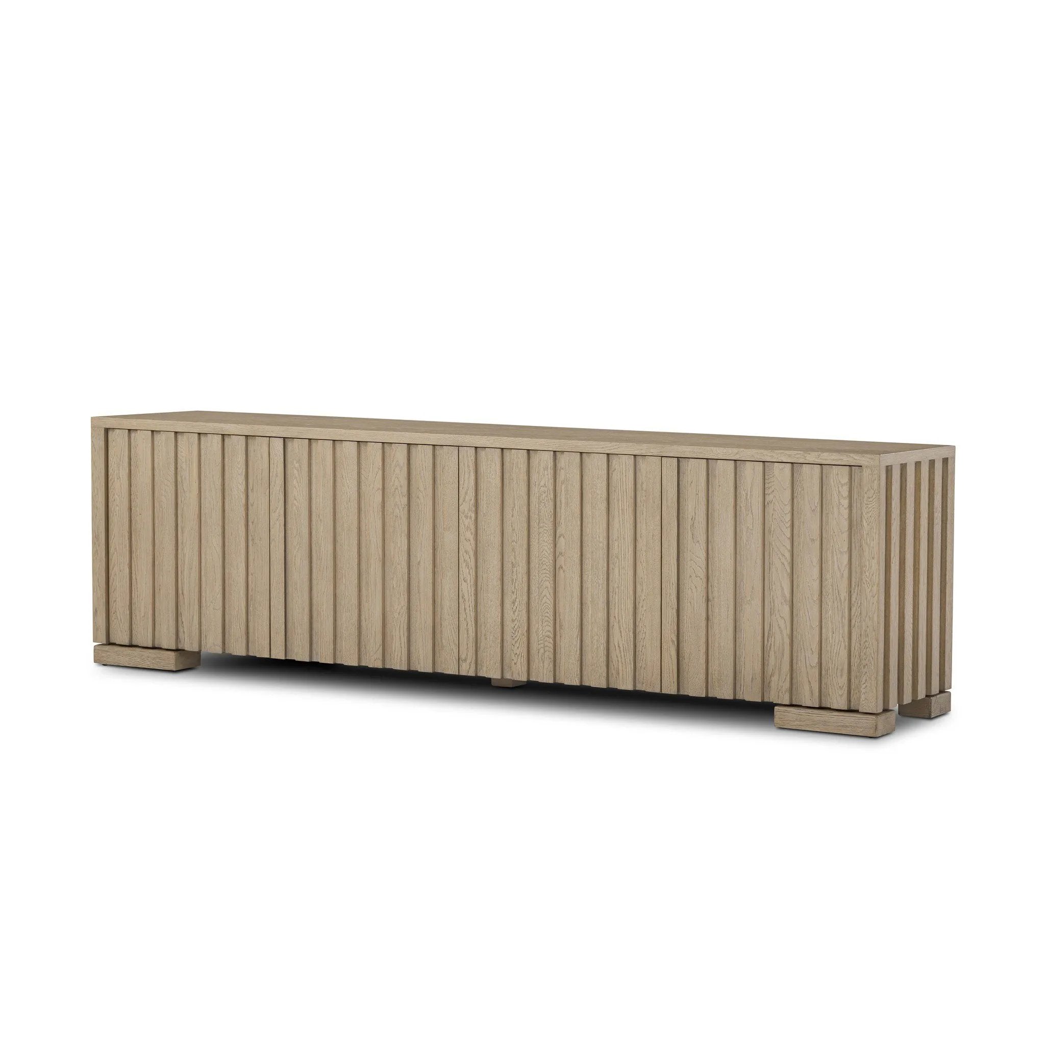 As lovers of luxe design at Amethyst, we love the warm modern inspired Ramos Media Console - Bleached Oak Veneer. This item pairs well with other brands such as Cisco Home and is perfect for modern homes Amethyst Home provides interior design, new home construction design consulting, vintage area rugs, and lighting in the Dallas metro area.