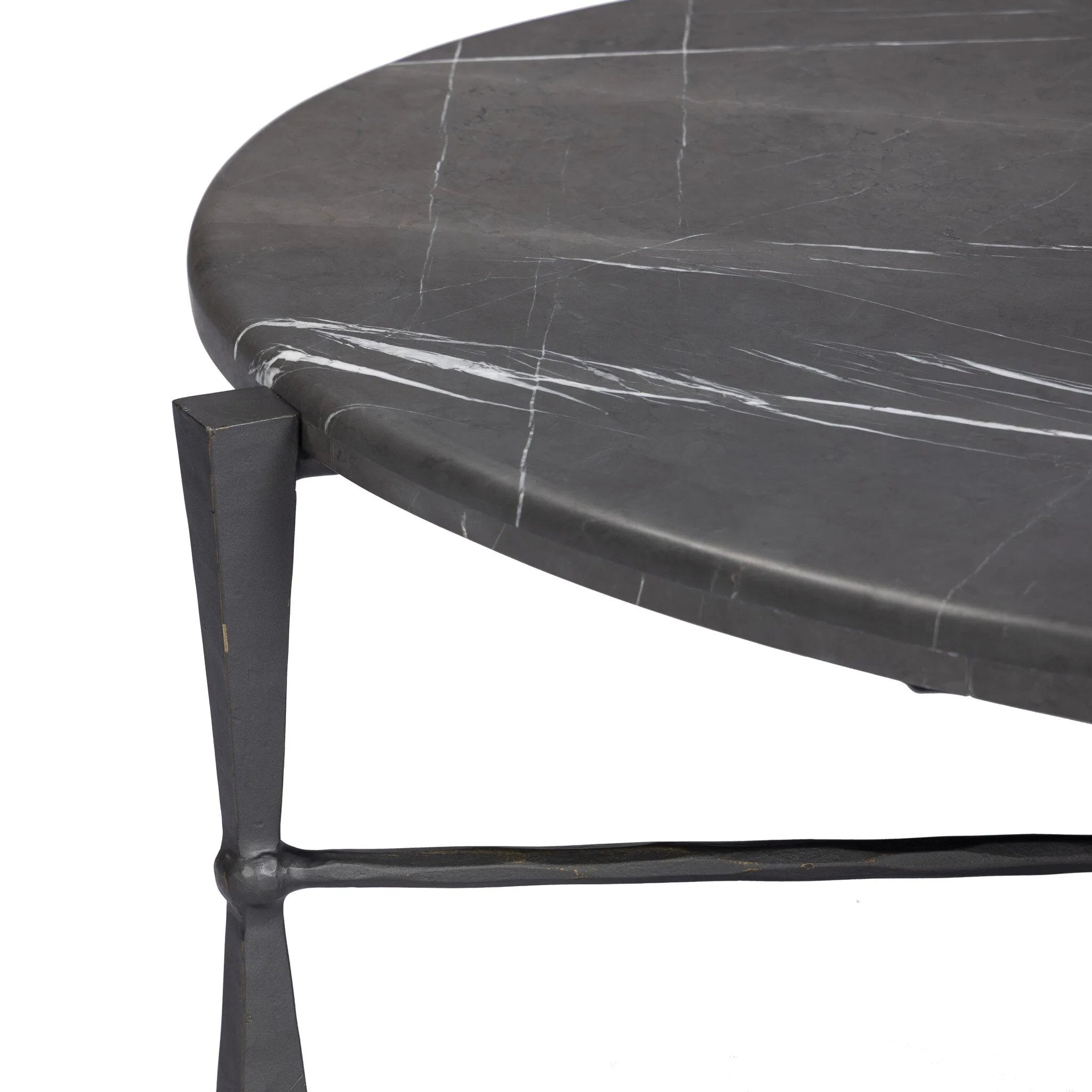 A cradle base of bronze-finished iron supports a pill-shaped tabletop of grey Italian marble, for a classic material mix. Legs shape a squared hourglass with ball detailing in the center, balancing weighty materials with a light look.As lovers of organic modern design at Amethyst, we love the optimistic inspired Rayna Coffee Table. Amethyst Home provides interior design, new home construction design consulting, vintage area rugs, and lighting in the Calabasas metro area.