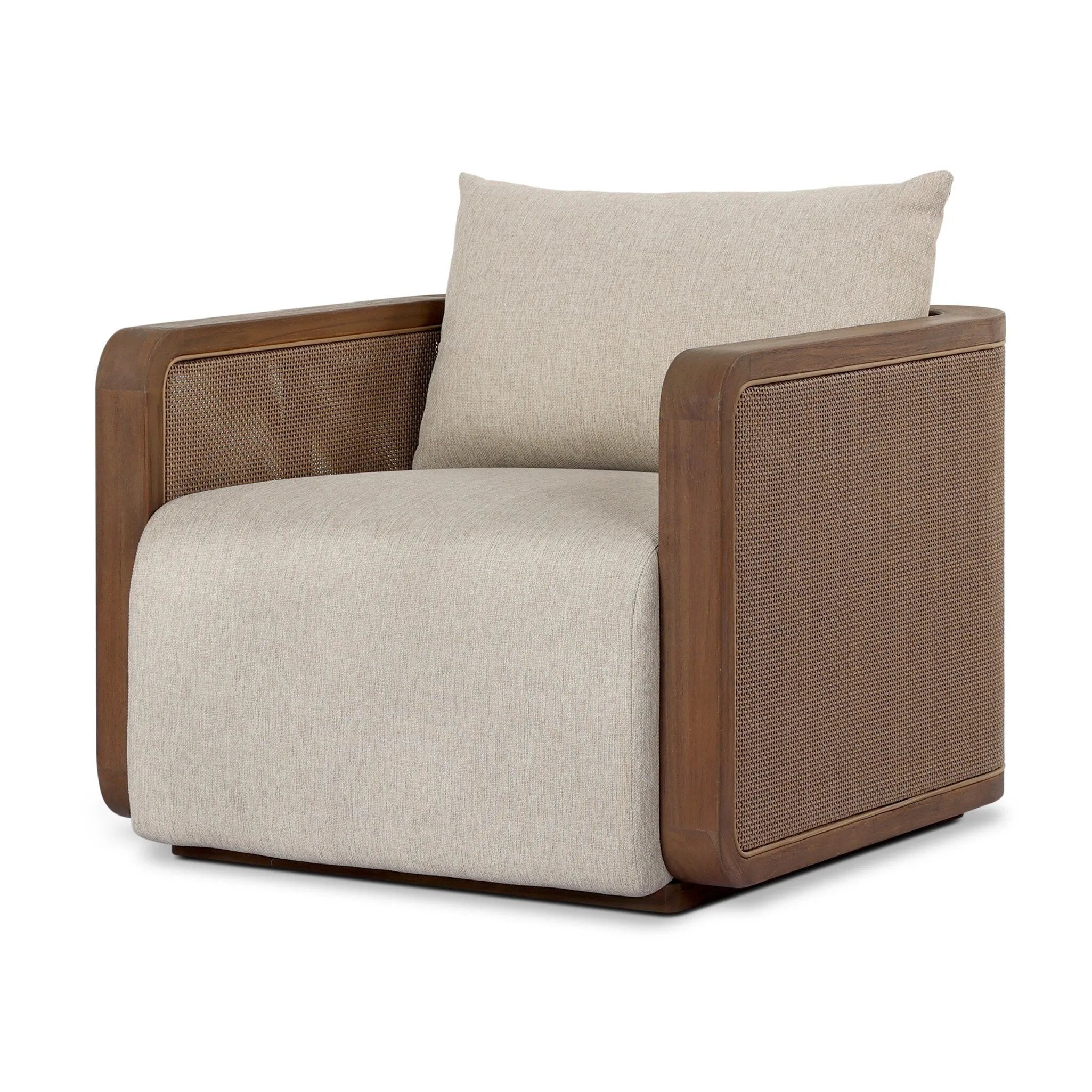 Softness is the story of this mixed material outdoor chair. With thick, sink-in cushioning and a loose pillow on the seatback, the silhouette comes together with a barrel-shaped, FSC®-certified teak frame featuring a crosshatch cane panel. Cover or store inside during inclement weather and when not in use. Amethyst Home provides interior design, new home construction design consulting, vintage area rugs, and lighting in the Tampa metro area.