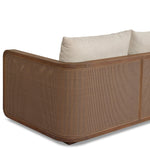 Softness is the story of this mixed material outdoor sofa. With thick, sink-in cushioning and loose pillows on the seatback, the silhouette comes together with a barrel-shaped, FSC®-certified teak frame featuring a crosshatch cane panel. Cover or store inside during inclement weather and when not in use. Amethyst Home provides interior design, new home construction design consulting, vintage area rugs, and lighting in the Park City metro area.