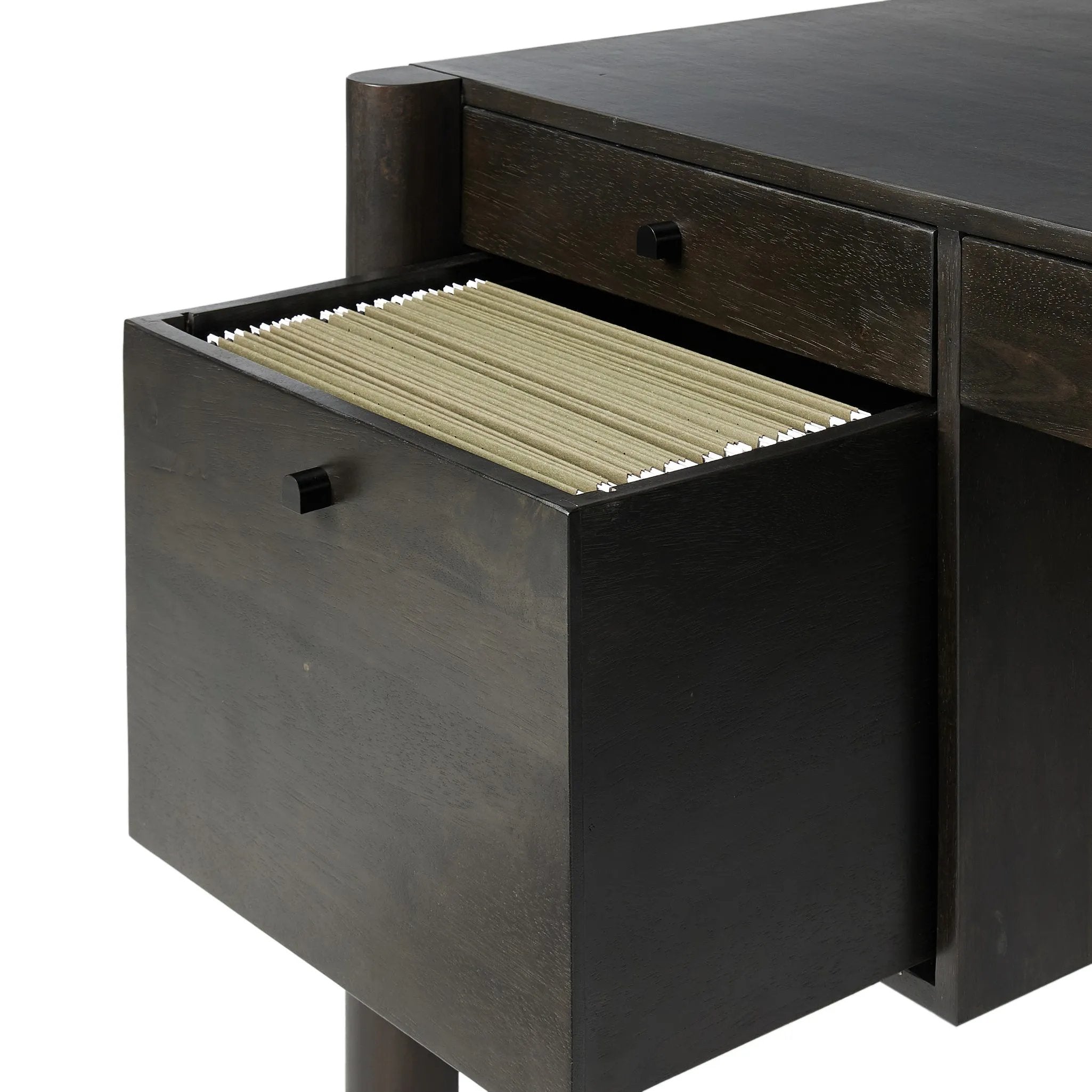 Featuring Reza Worn Black Parawood Desk by Four Hands at Amethyst Home. A storage-driven desk made from solid acacia and finished in a distressed black. Twist-lock metal hardware adds a clever finishing touch.Overall Dimensions: 70.00"w x 32.00"d x 30.25"hWeight : 194.12 lbsMaterials: Solid Parawood, Solid Acacia, Brass. Amethyst Home provides interior design, new home construction design consulting, vintage area rugs, and lighting in the Austin metro area.