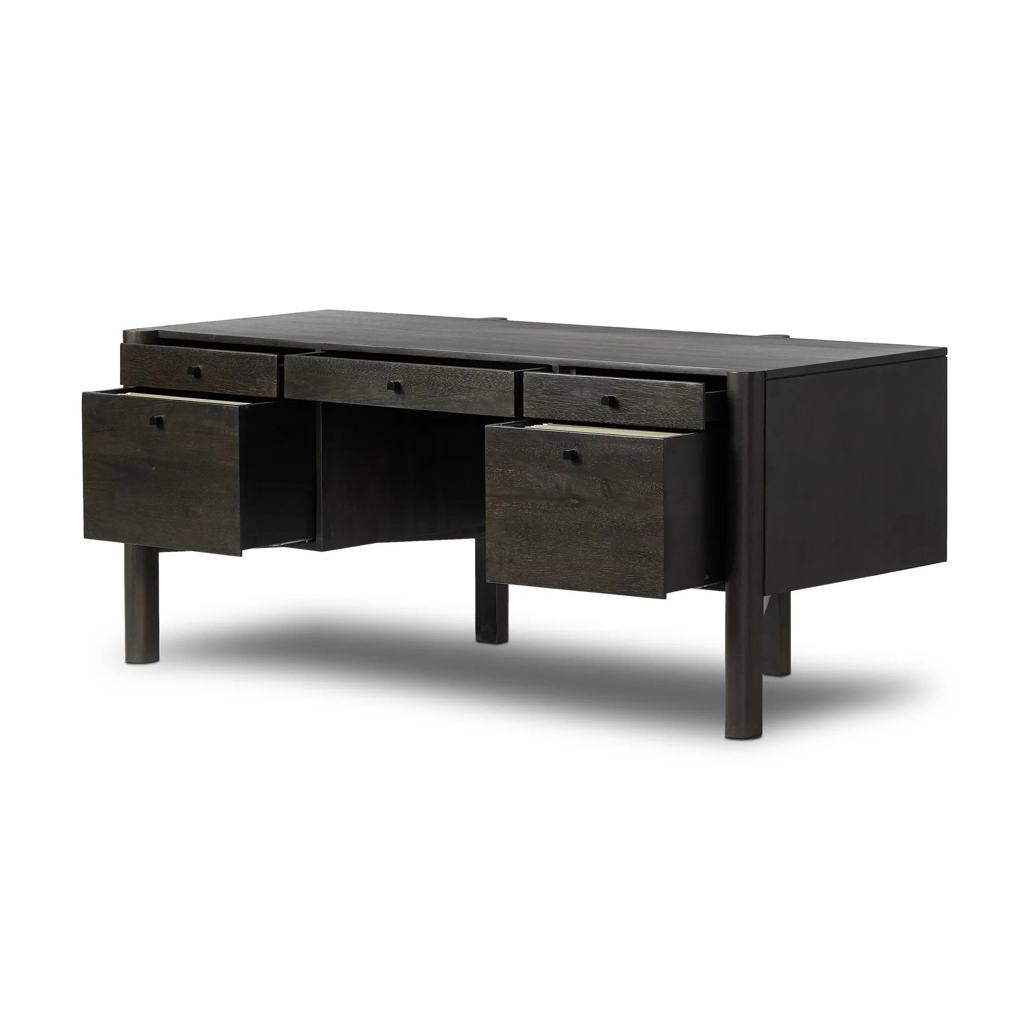 Featuring Reza Worn Black Parawood Desk by Four Hands at Amethyst Home. A storage-driven desk made from solid acacia and finished in a distressed black. Twist-lock metal hardware adds a clever finishing touch.Overall Dimensions: 70.00"w x 32.00"d x 30.25"hWeight : 194.12 lbsMaterials: Solid Parawood, Solid Acacia, Brass. Amethyst Home provides interior design, new home construction design consulting, vintage area rugs, and lighting in the Newport Beach metro area.