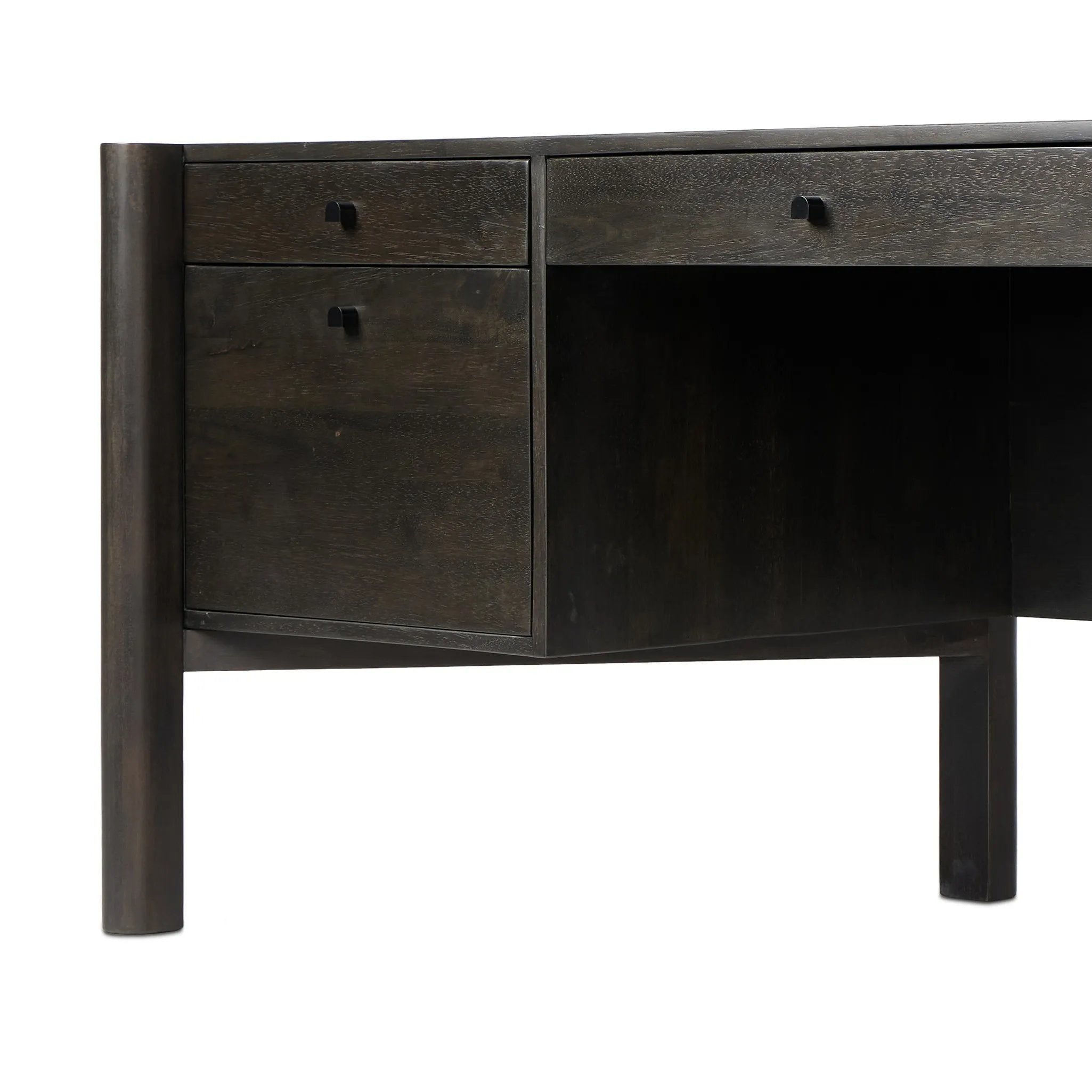 Featuring Reza Worn Black Parawood Desk by Four Hands at Amethyst Home. A storage-driven desk made from solid acacia and finished in a distressed black. Twist-lock metal hardware adds a clever finishing touch.Overall Dimensions: 70.00"w x 32.00"d x 30.25"hWeight : 194.12 lbsMaterials: Solid Parawood, Solid Acacia, Brass. Amethyst Home provides interior design, new home construction design consulting, vintage area rugs, and lighting in the Washington metro area.