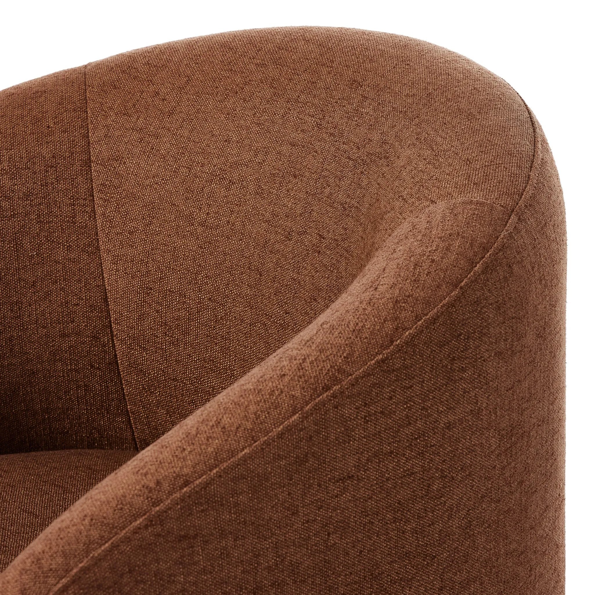 Featuring Rhett Bartin Rust Dining Chair by Four Hands at Amethyst Home. Fully upholstered in a unique rust hue, a barrel-style back creates a comfortable, cocoon-like sit. Slight scale perfect for smaller dining spaces.Overall Dimensions: 24.50"w x 25.00"d x 31.75"hWeight : 34.50 lbsMaterials: 57% Polyester, 17% Cotton, 15% Bamboo, 11% Lyocell Viscose, Eu. Amethyst Home provides interior design, new home construction design consulting, vintage area rugs, and lighting in the Des Moines metro area.