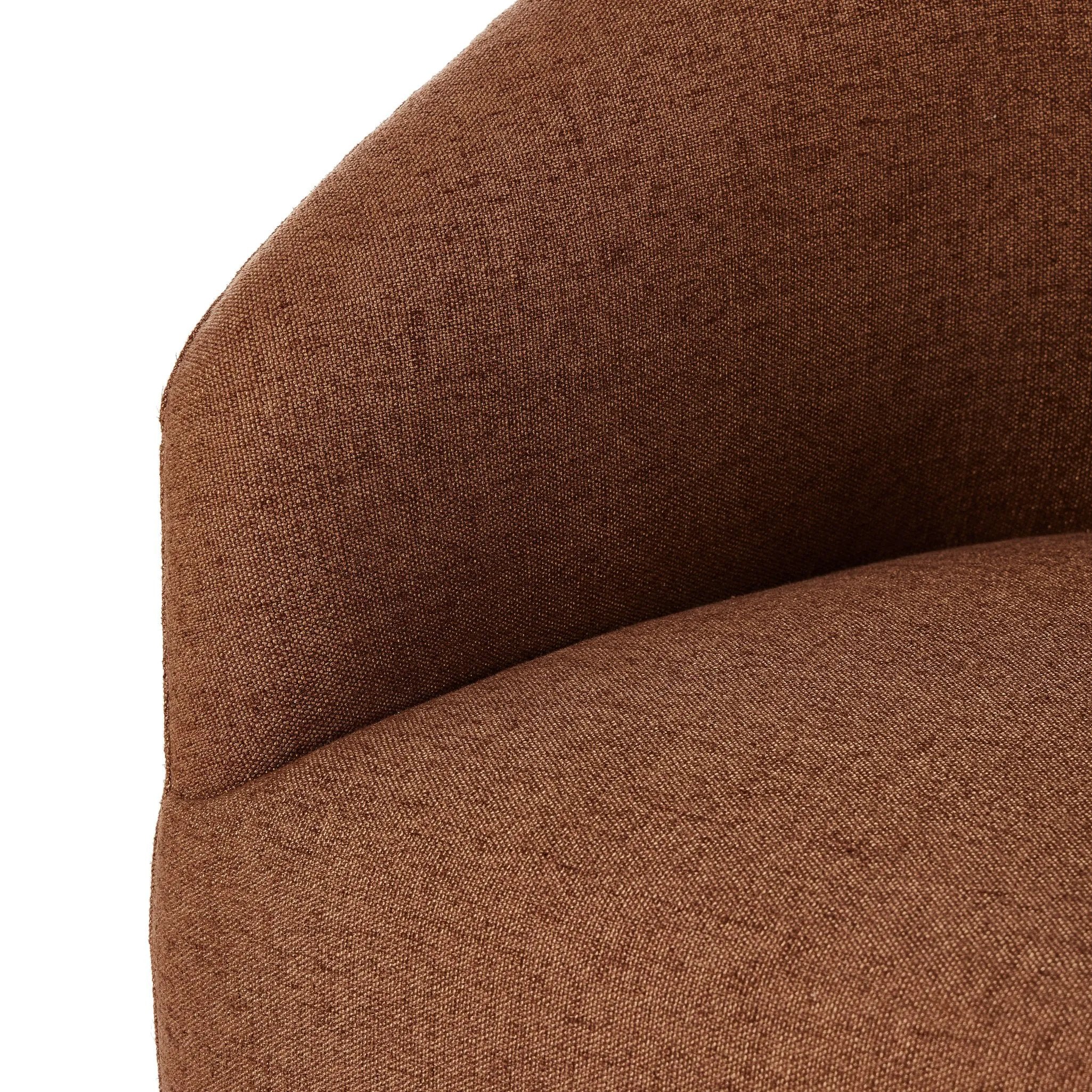 Featuring Rhett Bartin Rust Dining Chair by Four Hands at Amethyst Home. Fully upholstered in a unique rust hue, a barrel-style back creates a comfortable, cocoon-like sit. Slight scale perfect for smaller dining spaces.Overall Dimensions: 24.50"w x 25.00"d x 31.75"hWeight : 34.50 lbsMaterials: 57% Polyester, 17% Cotton, 15% Bamboo, 11% Lyocell Viscose, Eucalyp. Amethyst Home provides interior design, new home construction design consulting, vintage area rugs, and lighting in the Tampa metro area.